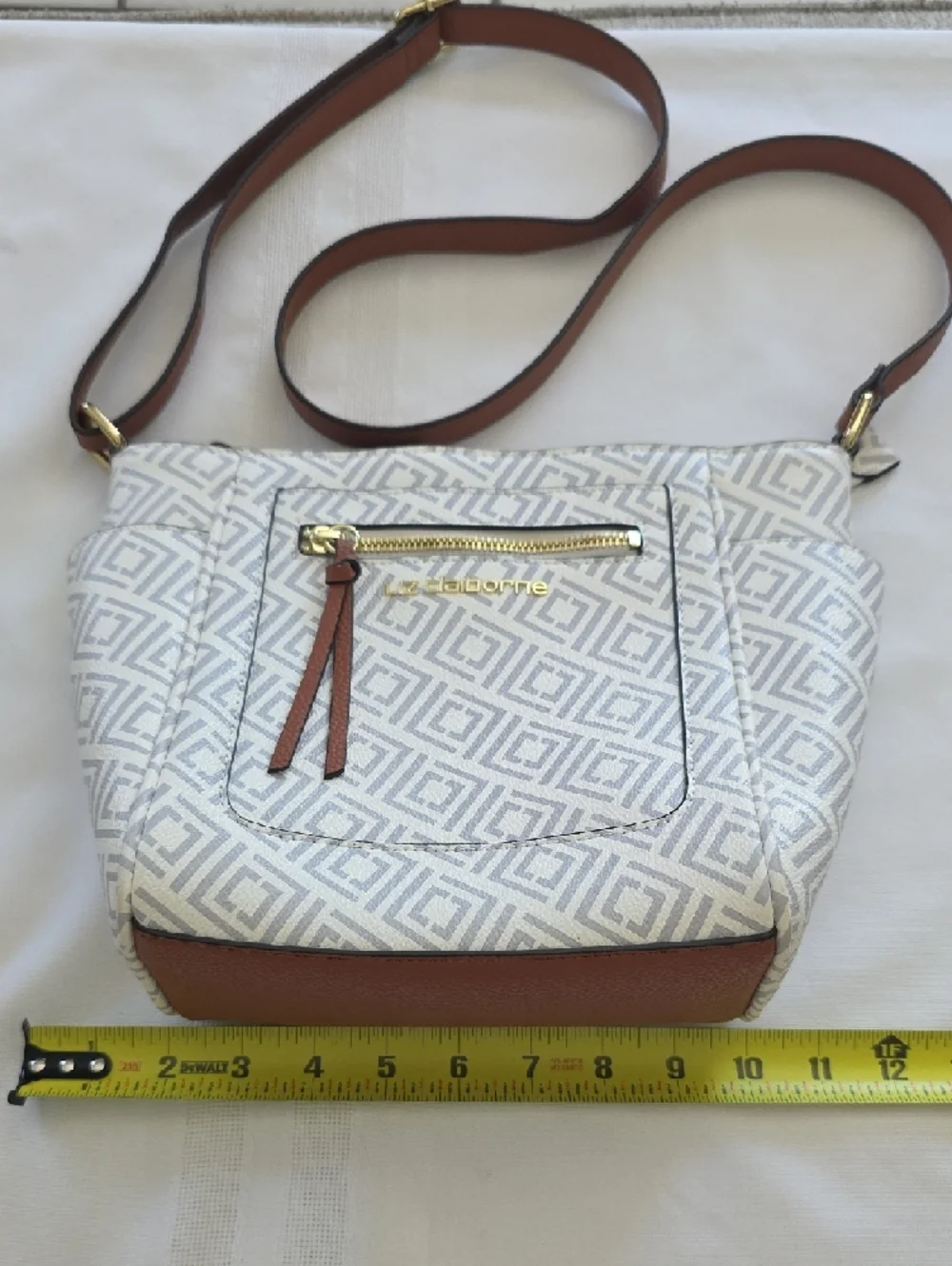 Liz Claiborne White Geometric Crossbody with Brown Trim and Gold Hardware - Picture 3 of 8